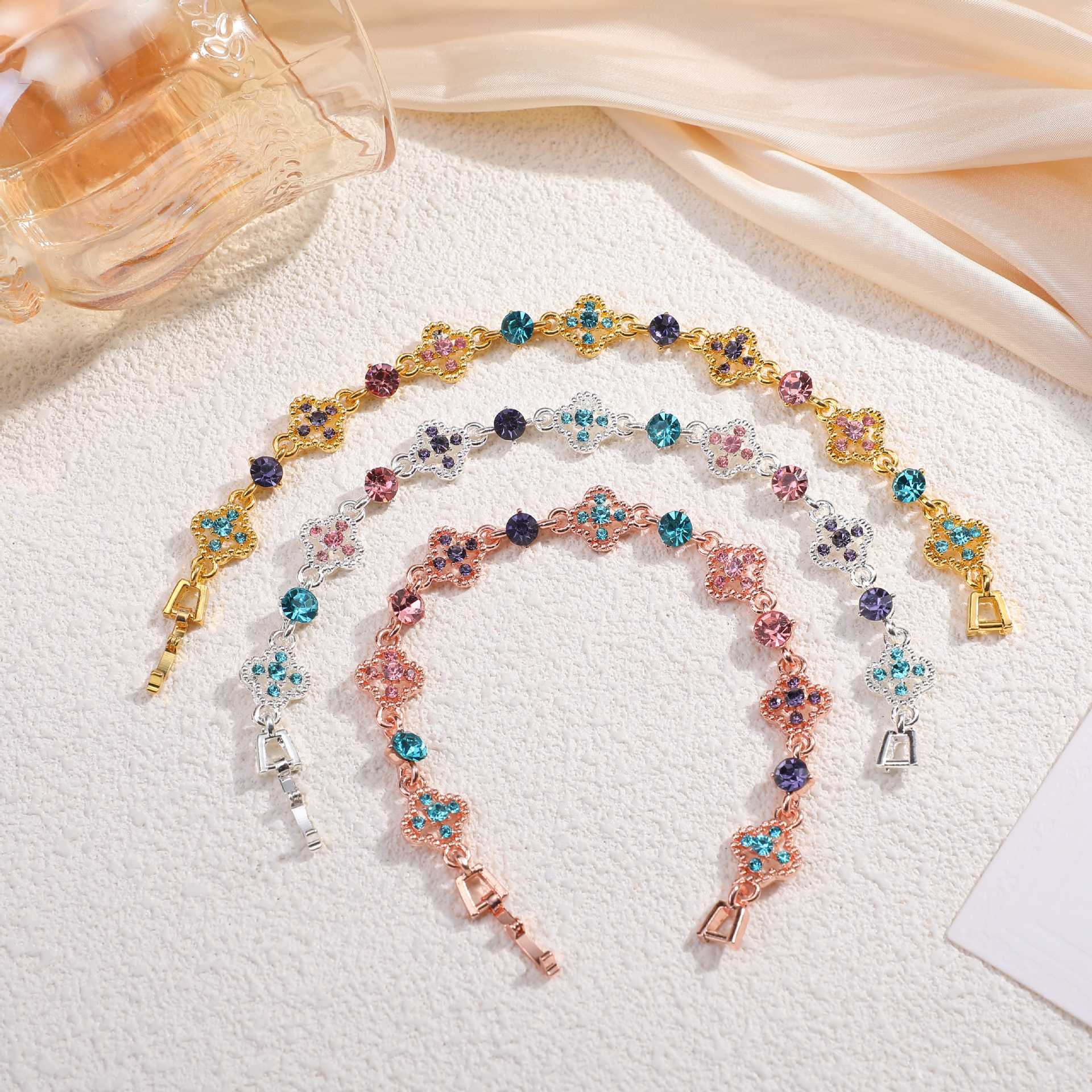 Wholesale Cross-Border New Style Light Luxury High-End Design Copper Bracelet with Diamonds and Colorful Four-Leaf Clover,  European and American Fashion Versatile Bracelet