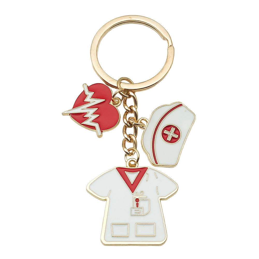 Wholesale Antique Silver Alloy Medical Syringe Stethoscope Keychain Red Heart EKG Design Creative Gift Car Key Accessory