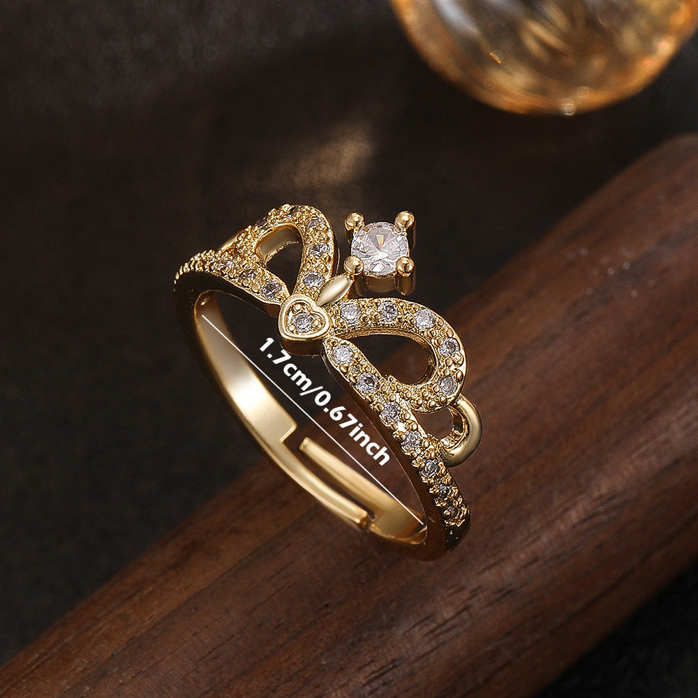 Wholesale Crown Hollowed Adjustable Open Ring Gold Copper Zircon Jewelry Accessory Couple Gift Boutique Resale