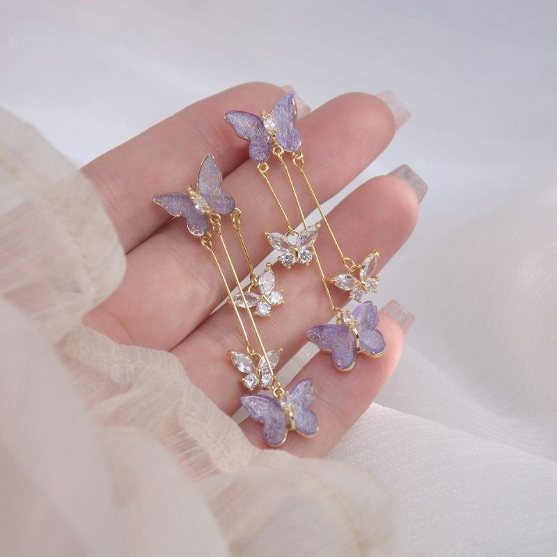 Wholesale Long Purple Butterfly Tassel Earrings