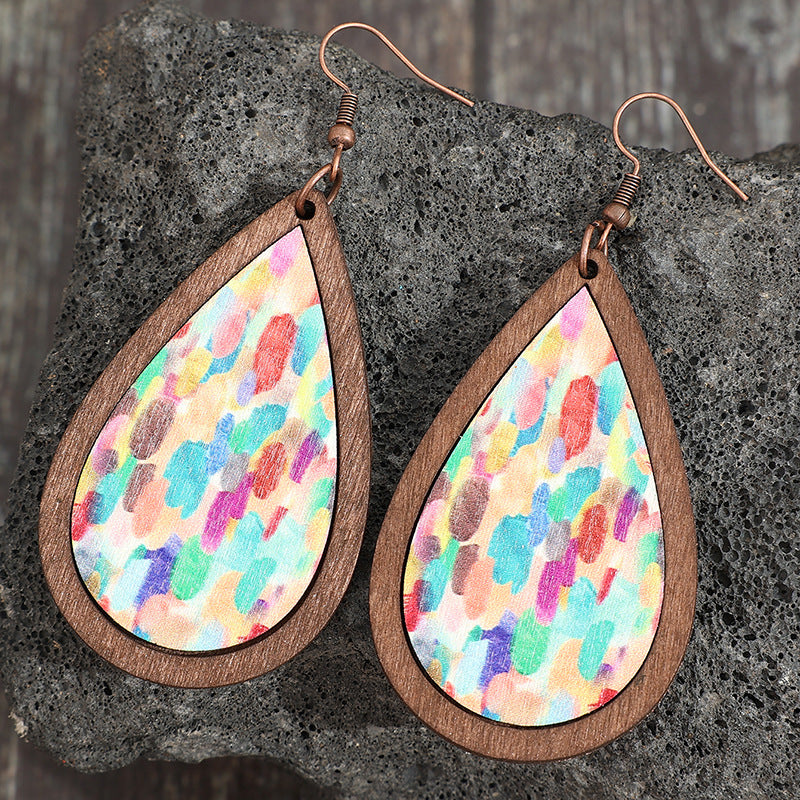 Wholesale Fashion Fresh Wind Drop Shape Wooden Frame Printing Color Spot Women Wooden Earrings Earrings Batch