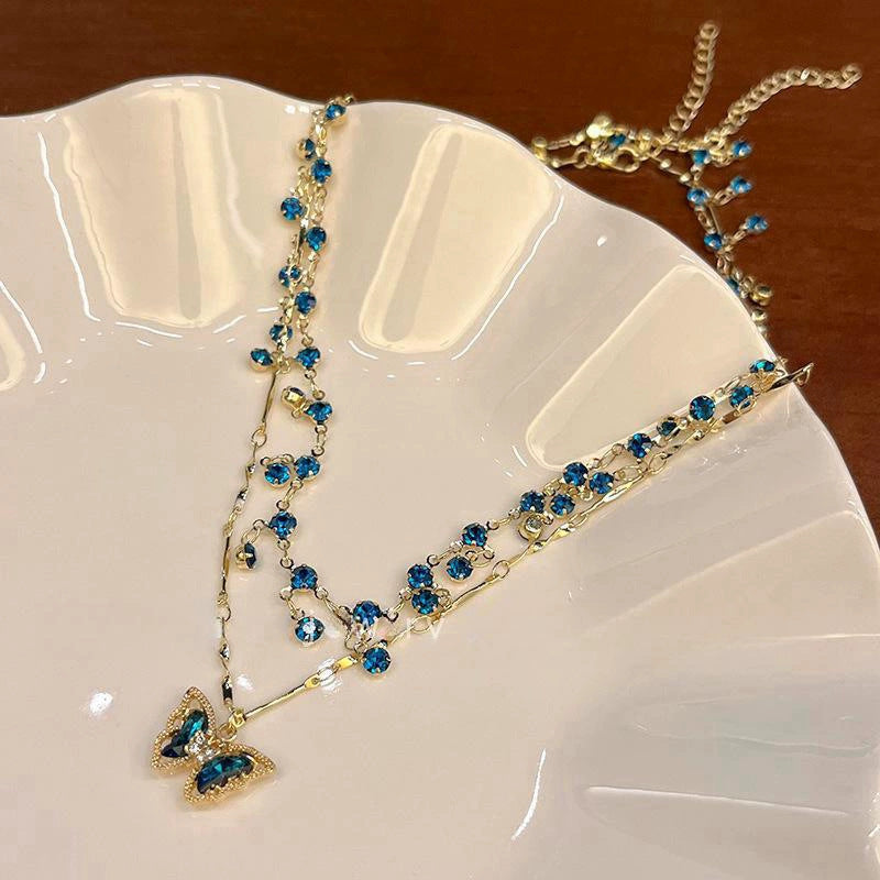 Wholesale  Double Layer Stacked Blue Butterfly Necklace