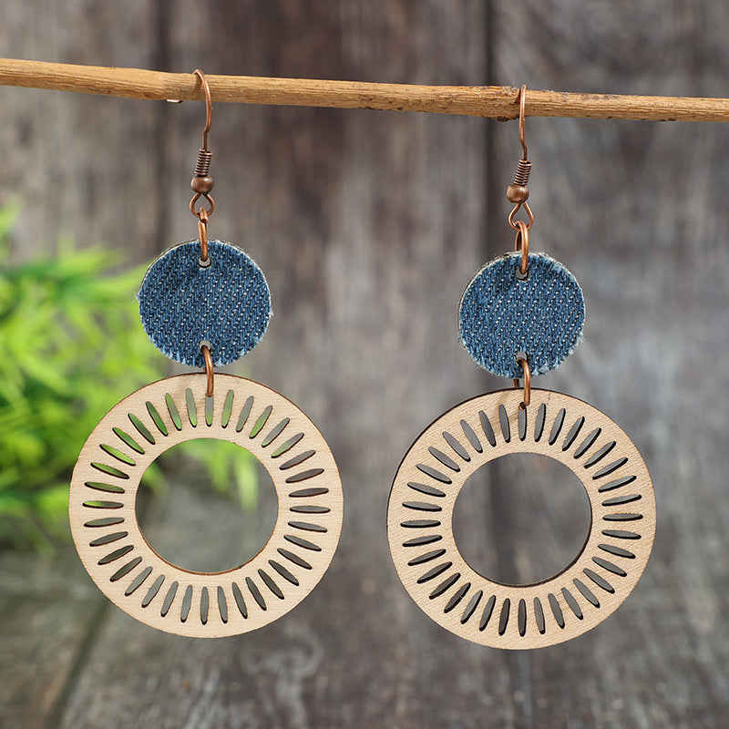 Wholesale Wooden Vintage Bohemian Double-Layer Hollow Circle Earrings Jewelry Accessory