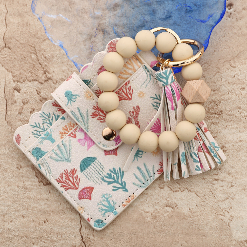 Wholesale  bead  ocean print mushroom leather Wristlet Keychain