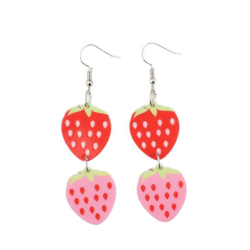 Wholesale two strawberry splicing acrylic fashionable simple ladies earrings