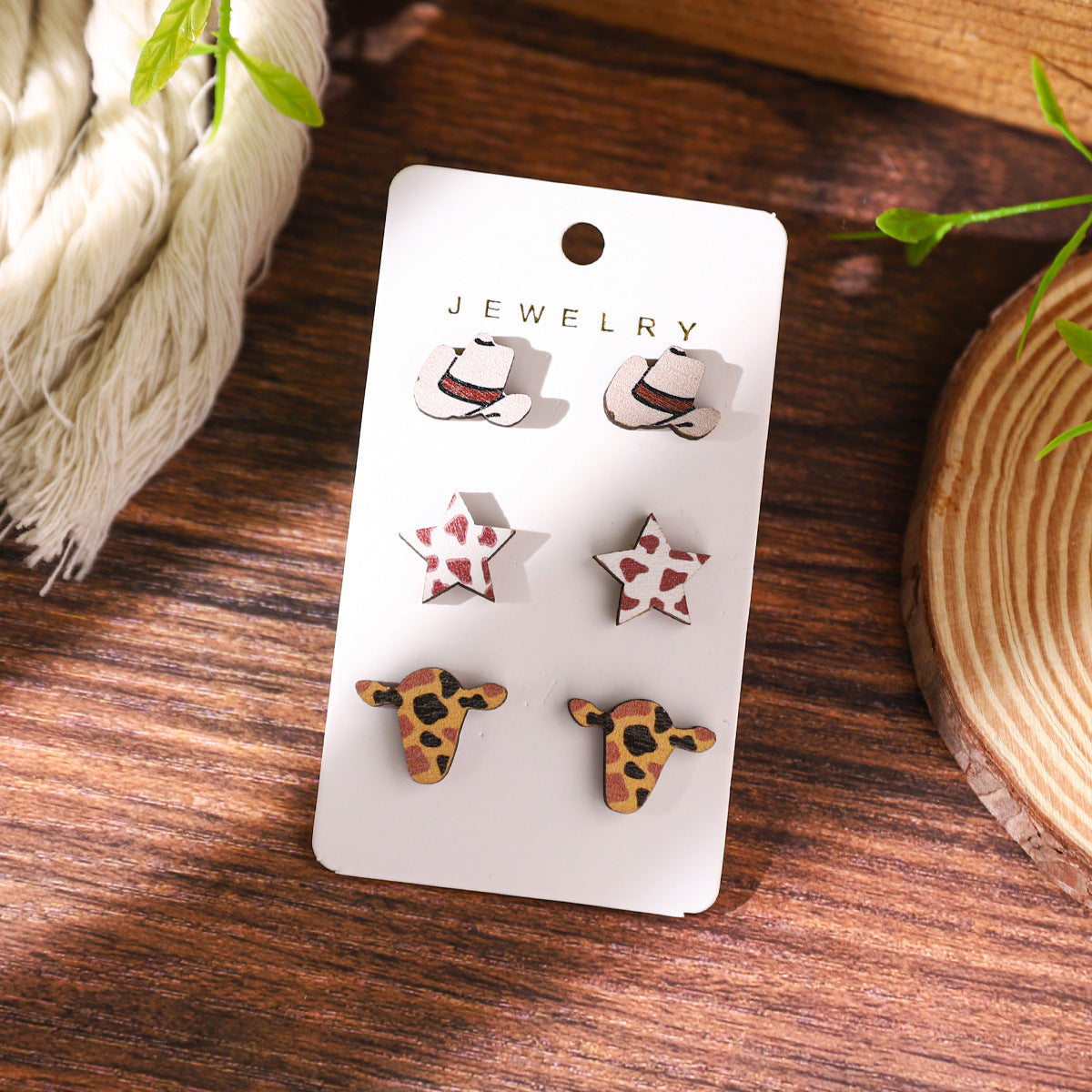 Wholesale Wooden Western Cowboy Style Cow Earrings