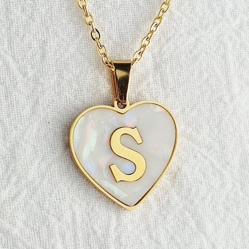 Wholesale 26 English Letters Heart Inlaid Shell Titanium Steel Necklace ACC-NE-DingChao002