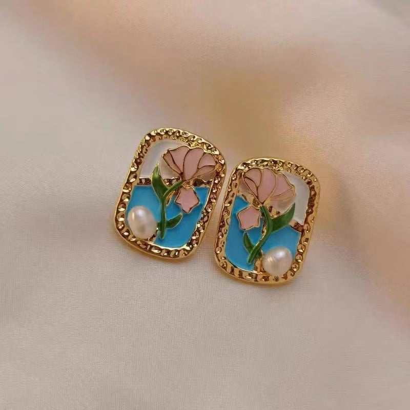 Wholesale Vintage Baroque Green Flower Earrings Alloy Dripping Glaze Fashion Accessory