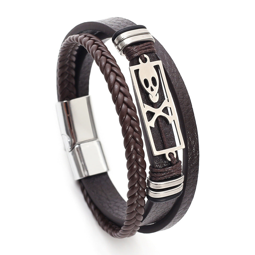 Wholesale Woven Faux Leather Skull Buckle Bracelet Trendy Punk Men S Fashion Accessory