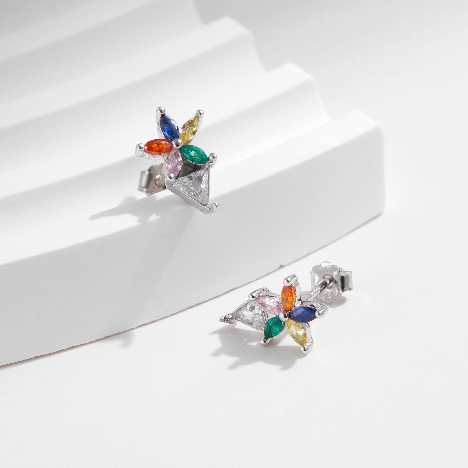 Wholesale  S925 Sterling Silver  Rainbow Color Full Diamond Flower Earrings