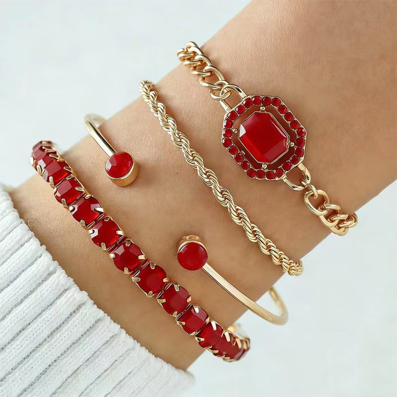 Wholesale Alloy Multi-Layer Stackable Bracelet Set,  Vintage Emerald Zircon Design with Gold Edging,  Fashion Accessory for Everyday Wear