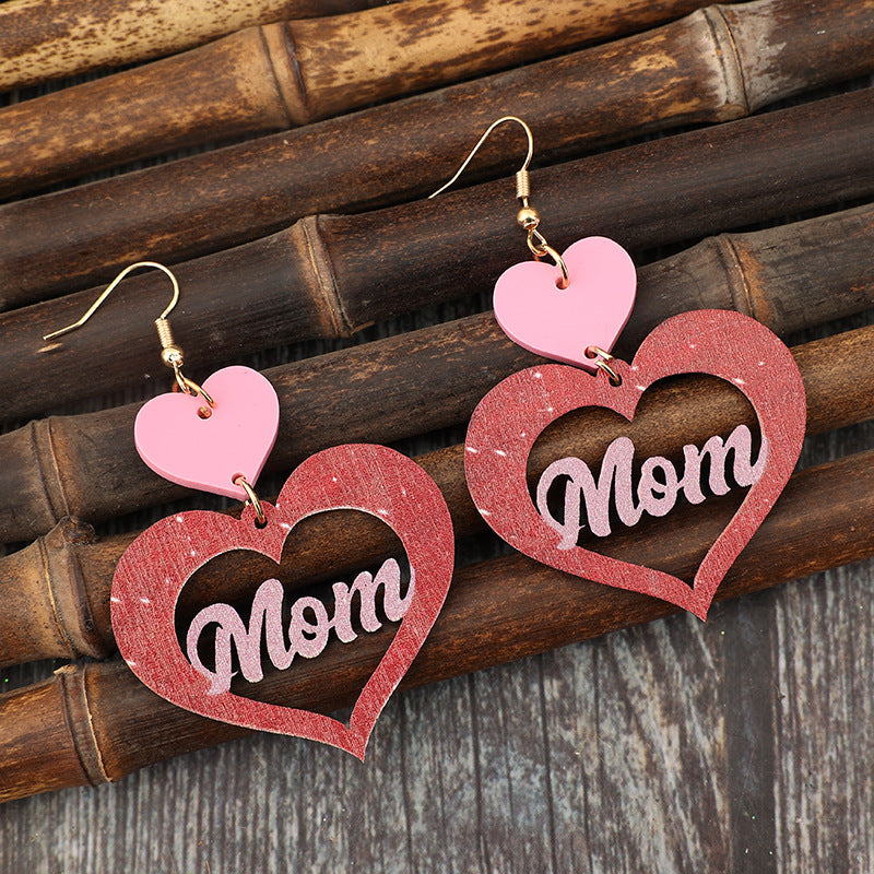 Wholesale  Mother's Day Hollow Wooden Love Letter Mosaic Love Acrylic Earrings
