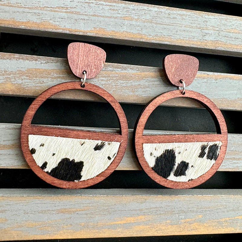 Wholesale Western Geometric Stitching Hollow Inlay Leopard Leather Earrings  ACC-ES-XinChuan052