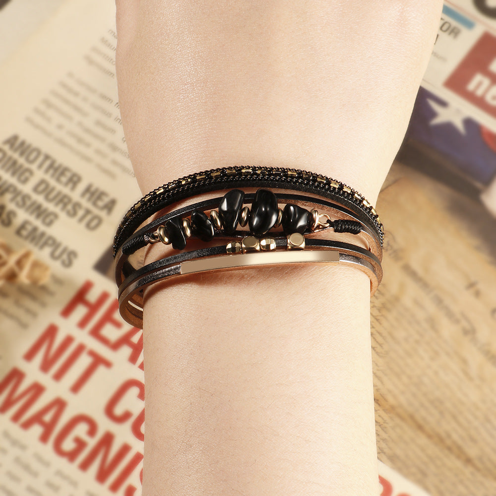 Wholesale Boho Style Natural Stone Beaded Leather Magnetic Bracelet