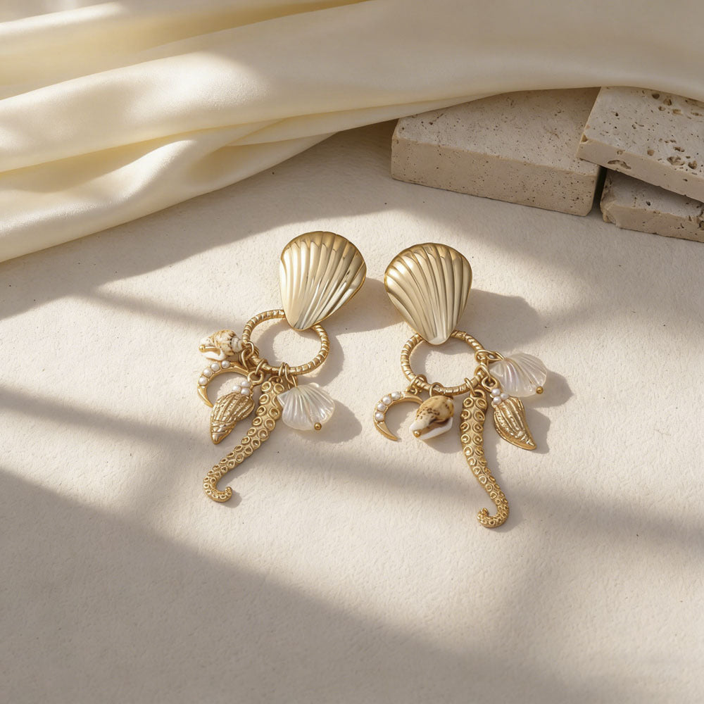 Wholesale Ocean-Inspired Textured Gold Conch and Starfish Stud Earrings