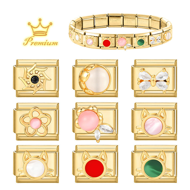 Wholesale Golden Bow Cat Sun Element DIY Modular Bracelet Stainless Steel Jewelry Accessory