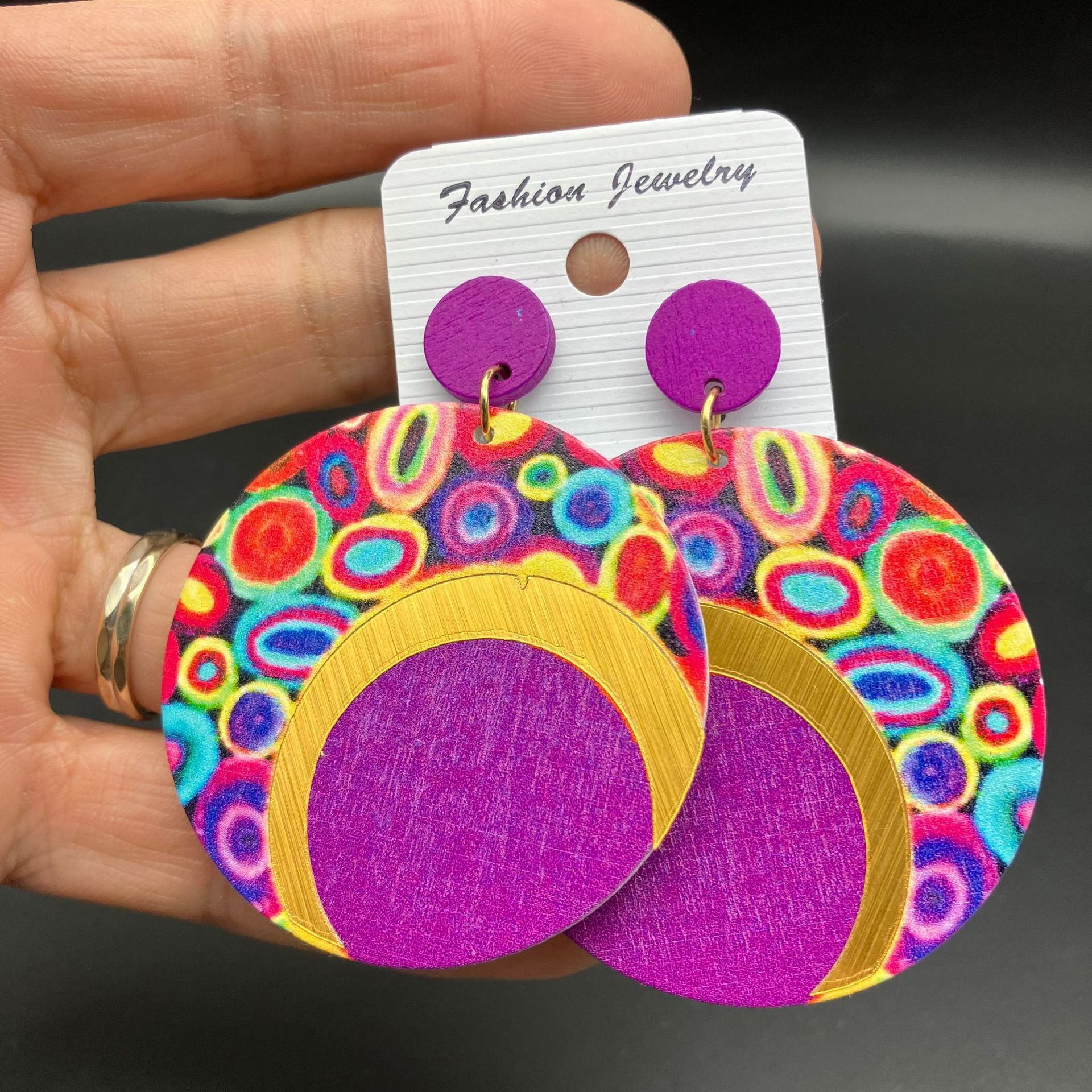 Wholesale Wooden Printed Round Colorful Large Earrings ACC-ES-FX016