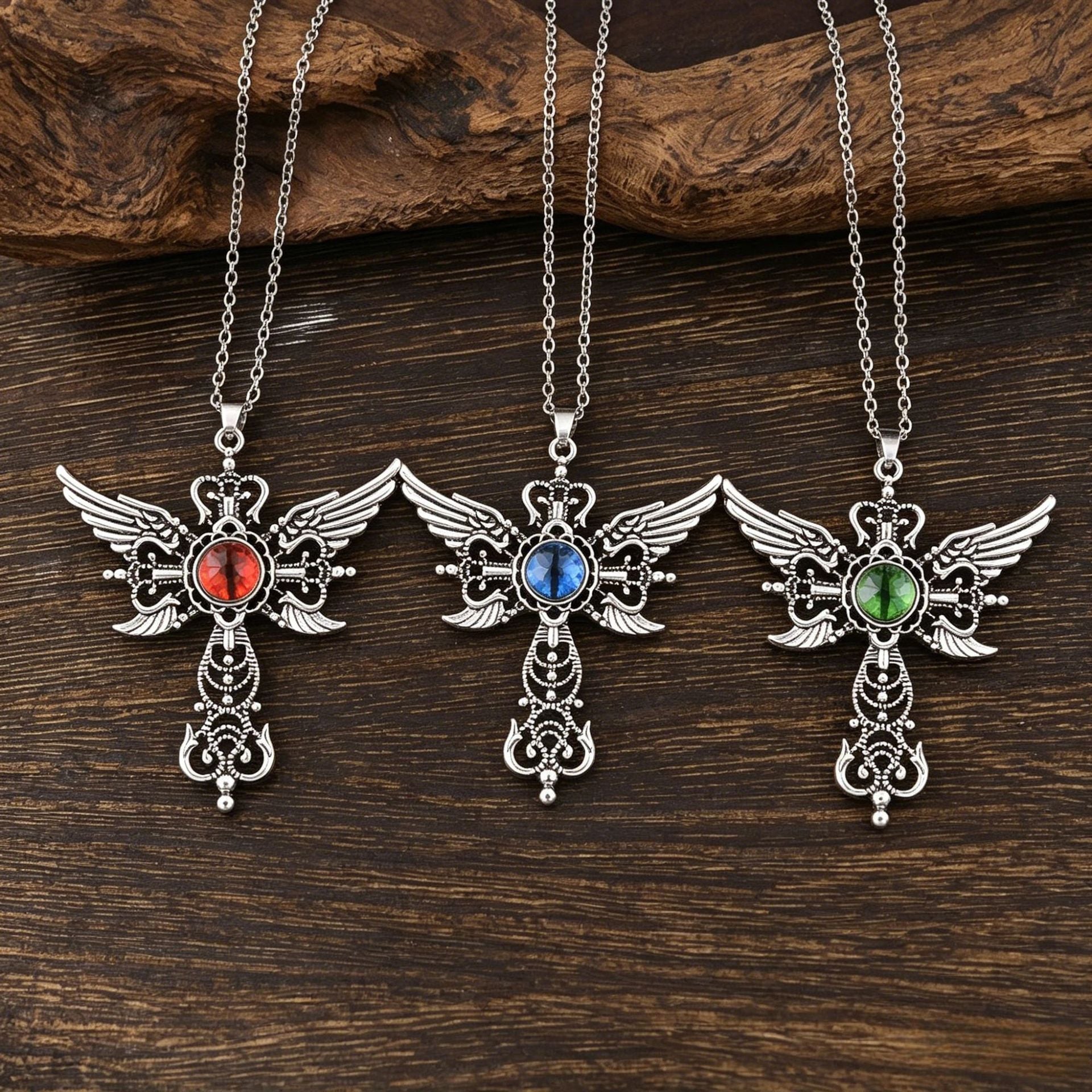 Wholesale Red Angel Wings Cross Pendant Necklace,  Vintage Evil Eye Design Boutique Jewelry Gift
