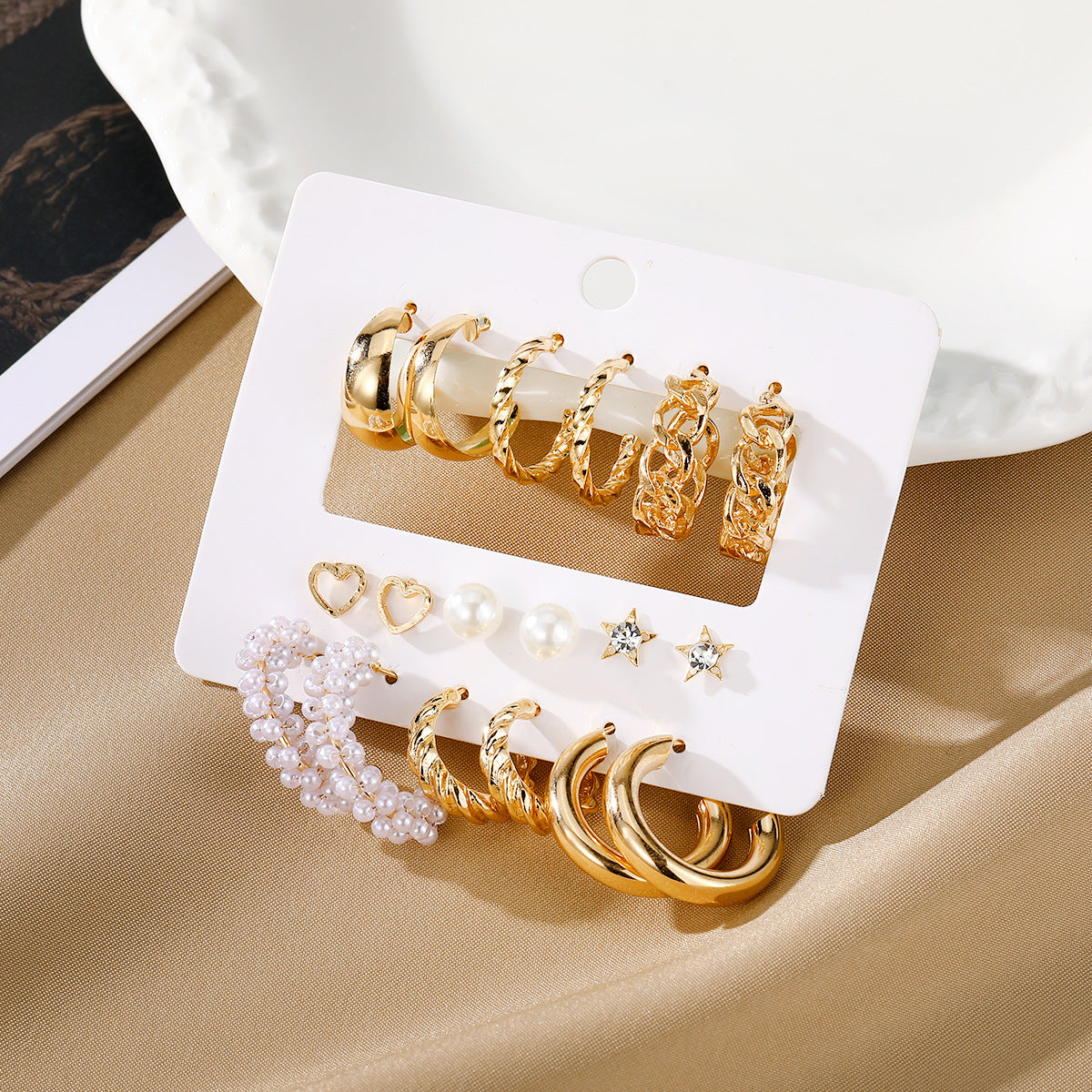 Wholesale 9pcs/set creative  inlaid rhinestone big hoop earrings