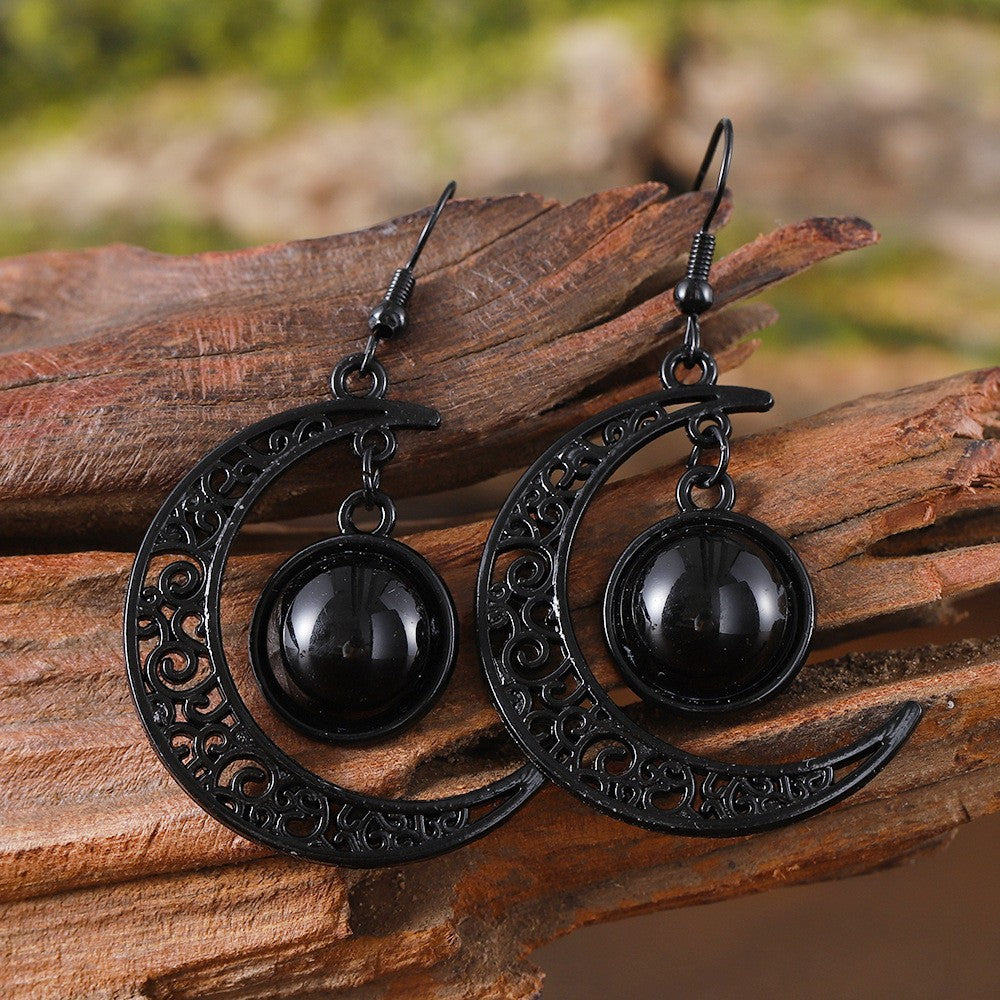 Wholesale Halloween Hollow Black Moon Long Tassel Gemstone Earrings