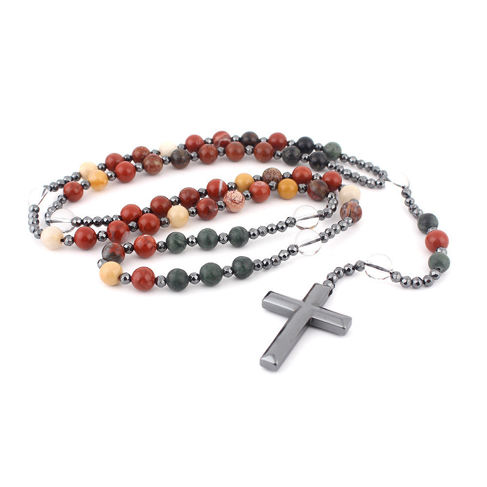 Wholesale  Natural Stone Round Beads Long Chain Black Gallstone Cross  Necklace
