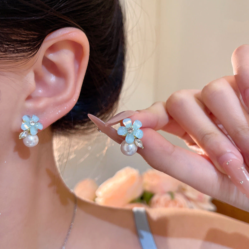 Wholesale  Pearl Light Blue Flower Earrings