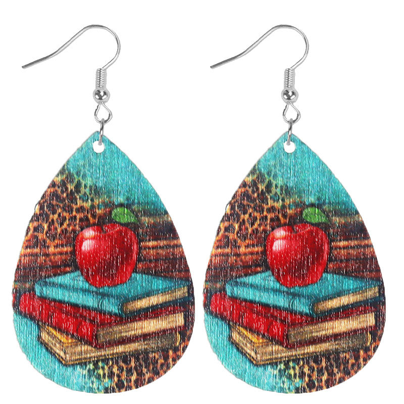 Wholesale Learning Leopard Apple Books Drop-shaped Wooden Earrings