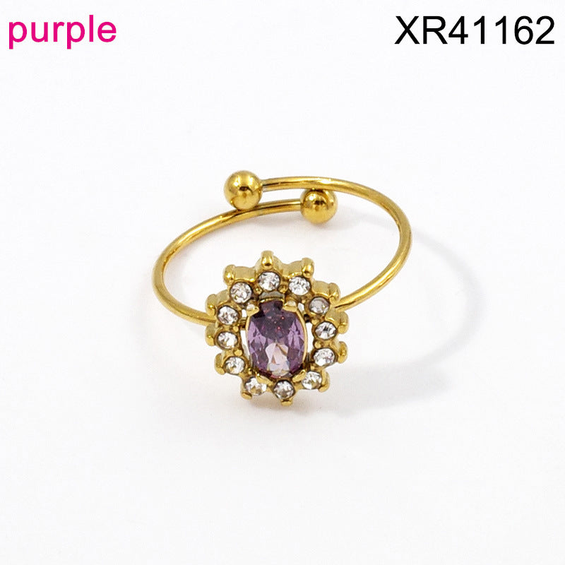 Wholesale Adjustable Flower Design Stainless Steel Open Ring with Colored Gemstones Fashion Jewelry Accessory