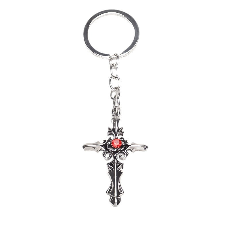 Wholesale Punk Alloy Diamond Cross Keychain Silver Plated Decorative Key Ring Fashion Accessory For Gift