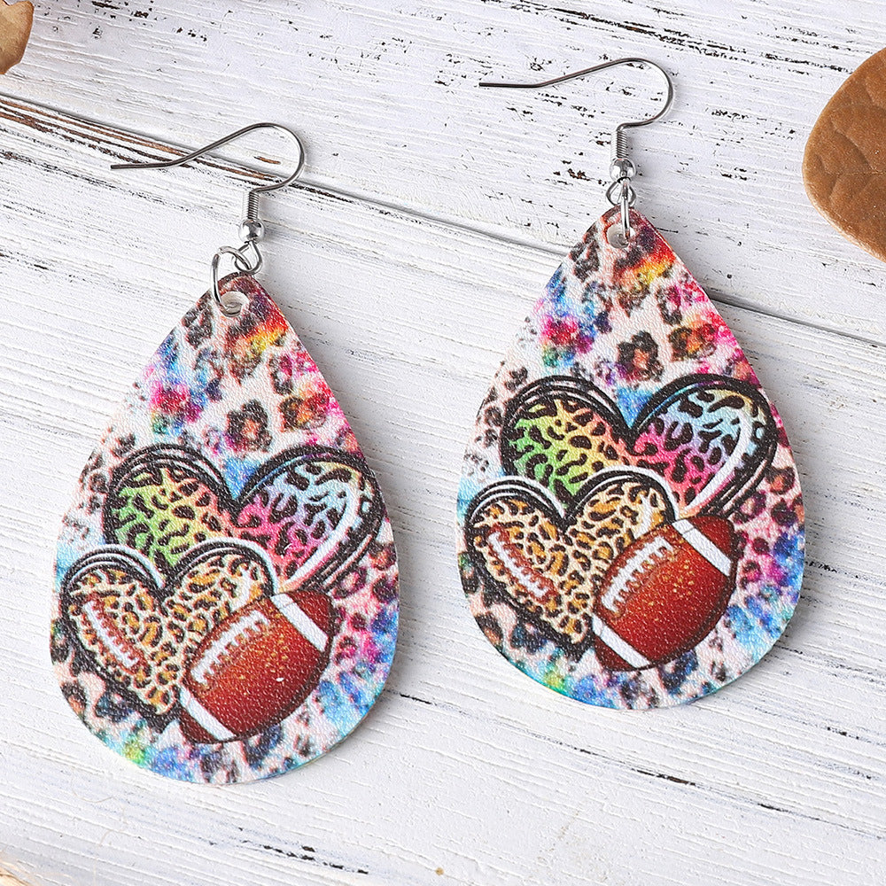 Wholesale Super Bowl Football Leopard Overlap Heart Earrings