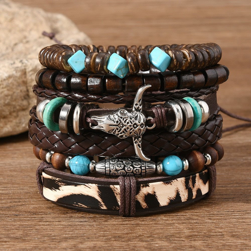 Wholesale Retro Handmade Leather Bracelet Set - 6 Piece Bohemian Fashion Accessory for Everyday Wear