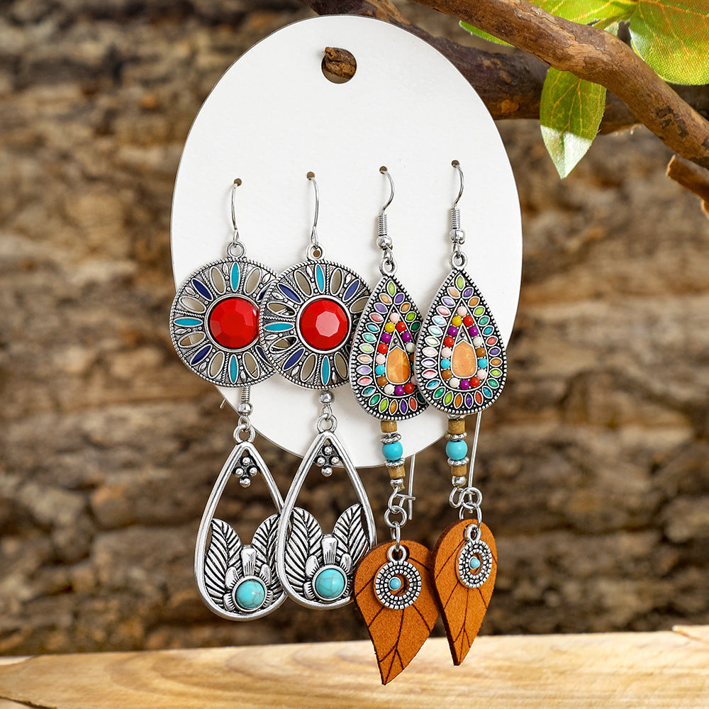 Wholesale Turquoise Tassel Earrings Set - Bohemian Ethnic Style