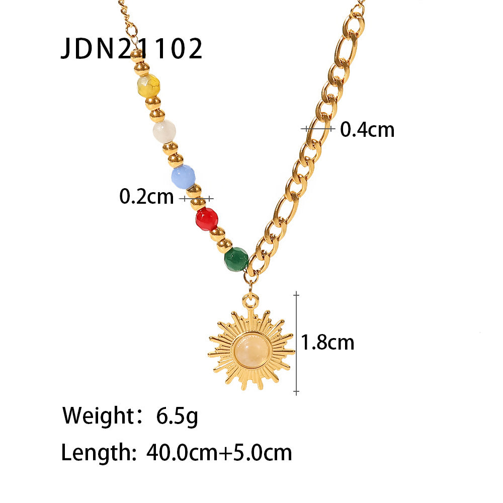 Wholesale 18K Gold Natural Stone Cat's Eye Sun Pendant Colored Stone Necklace Stainless Steel Necklace ACC-NE-JieDing005