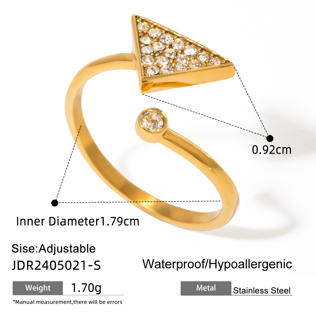 Wholesale  18k gold stainless steel triangle diamond staggered opening ring
