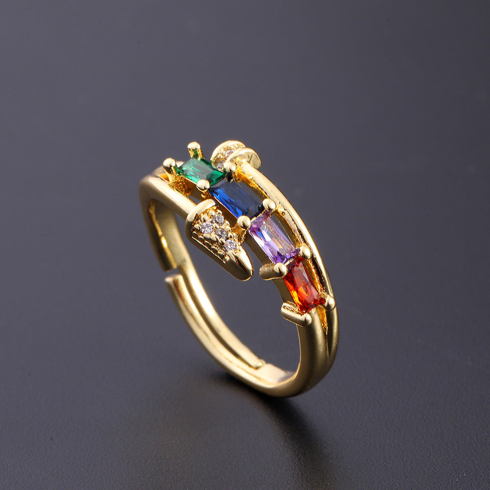 Wholesale European Fashion Sparkling Gold Plated Copper Zircon Open Ring Geometric Chic Jewelry Accessory Gift