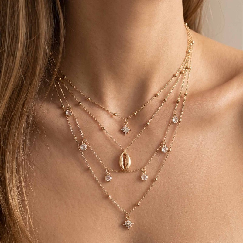 Wholesale Gold Alloy Vintage Vacation Layered Tassel Necklace Choker Collarbone Chain Everyday Fashion Jewelry Gift