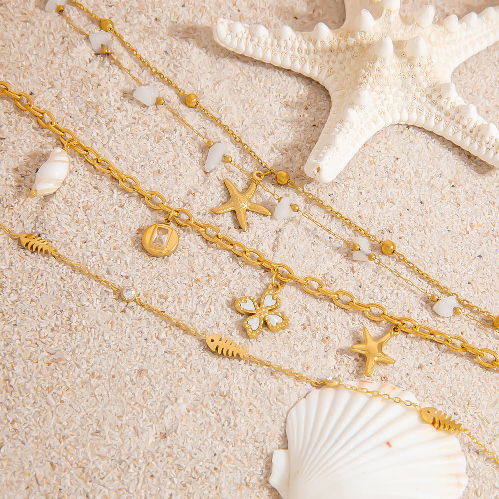 Wholesale Stainless Steel Double-Layer Natural Stone Starfish Pendant  Bracelet