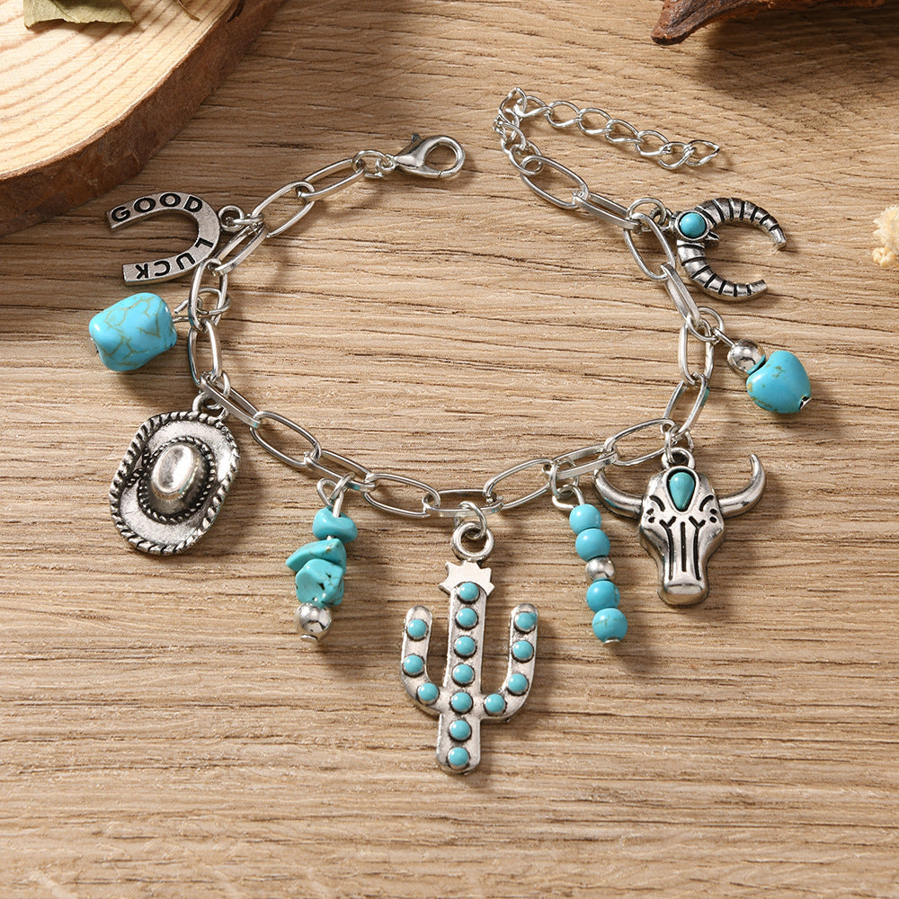 Wholesale Cowboy Hat Turquoise Multi-Alloy Clavicle Chain Geometric 2-Piece Bracelet +  Necklace Set