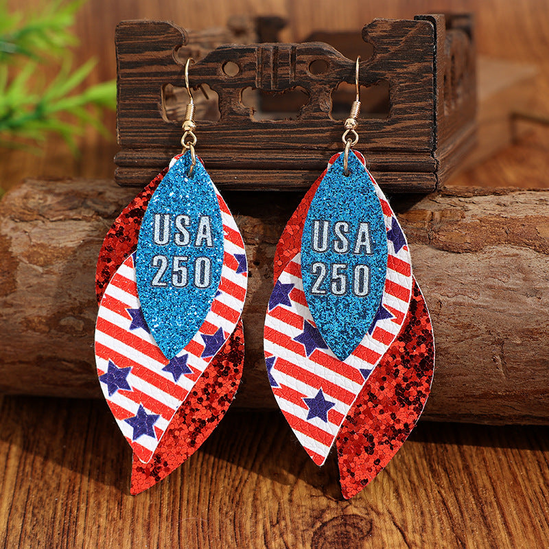 Wholesale Women' s Independence Day Leather Earrings with Teardrop and Stars ( for Women)  - Cross-border E-commerce from Europe and America ( Amazon)