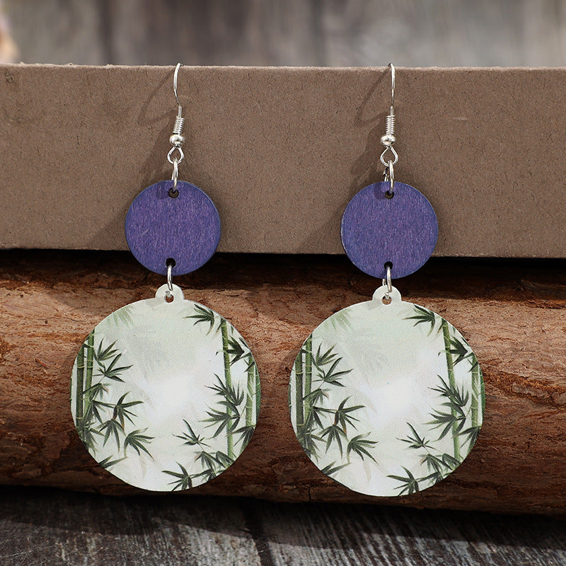Wholesale Round Printed Bamboo Blue Wood Chip Acrylic Earrings