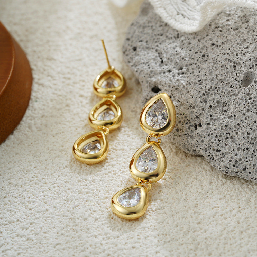 Wholesale 18K gold zircon water drop earrings retro long transparent tassel earrings