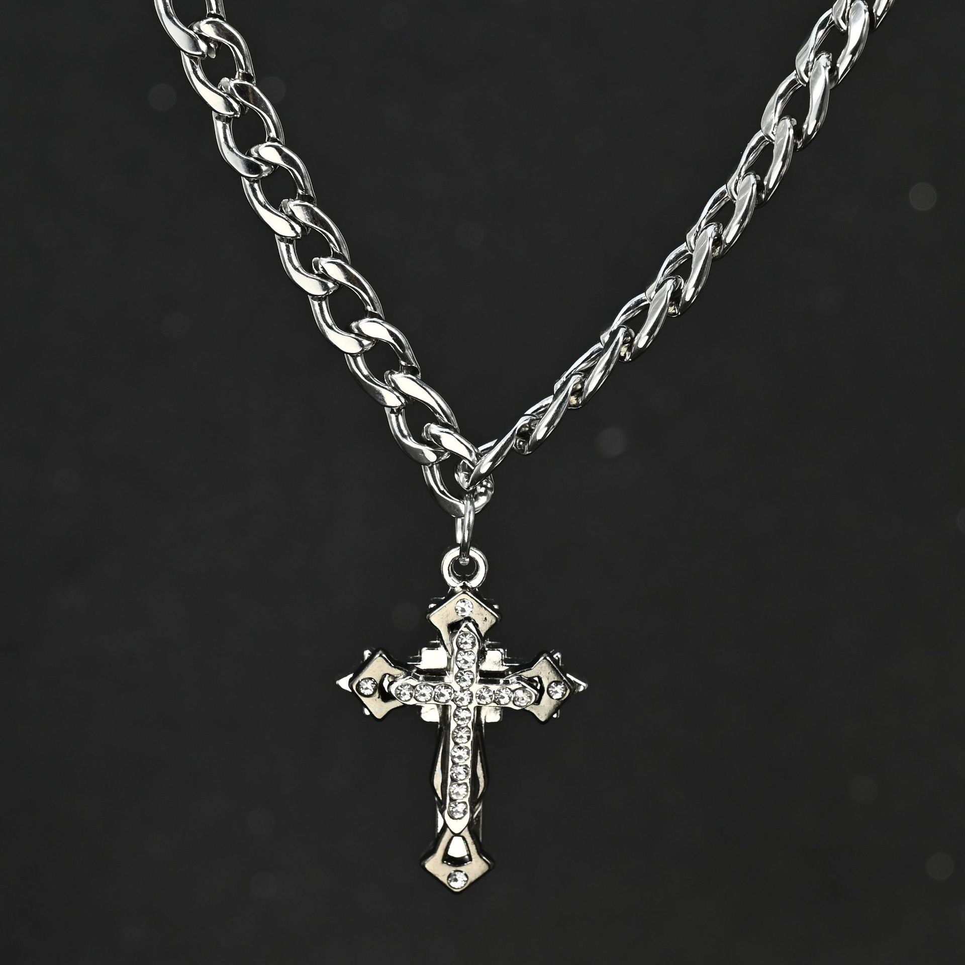 Wholesale Stainless Steel Cuban Chain Necklace Three Layer Rhinestone Cross Pendant Chic Hip Hop Fashion Accessory For Gift