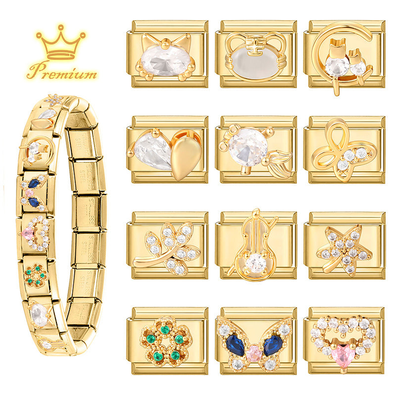 Wholesale DIY Gold-Tone Stainless Steel Modular Bracelet with Tiger and Butterfly Motifs Craft Supply