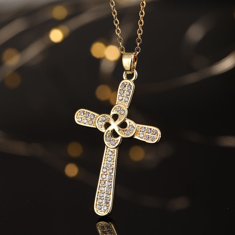 Wholesale Copper Electroplated Zircon Cross Pendant Necklace For Women Fashion Jewelry Accessory Gift