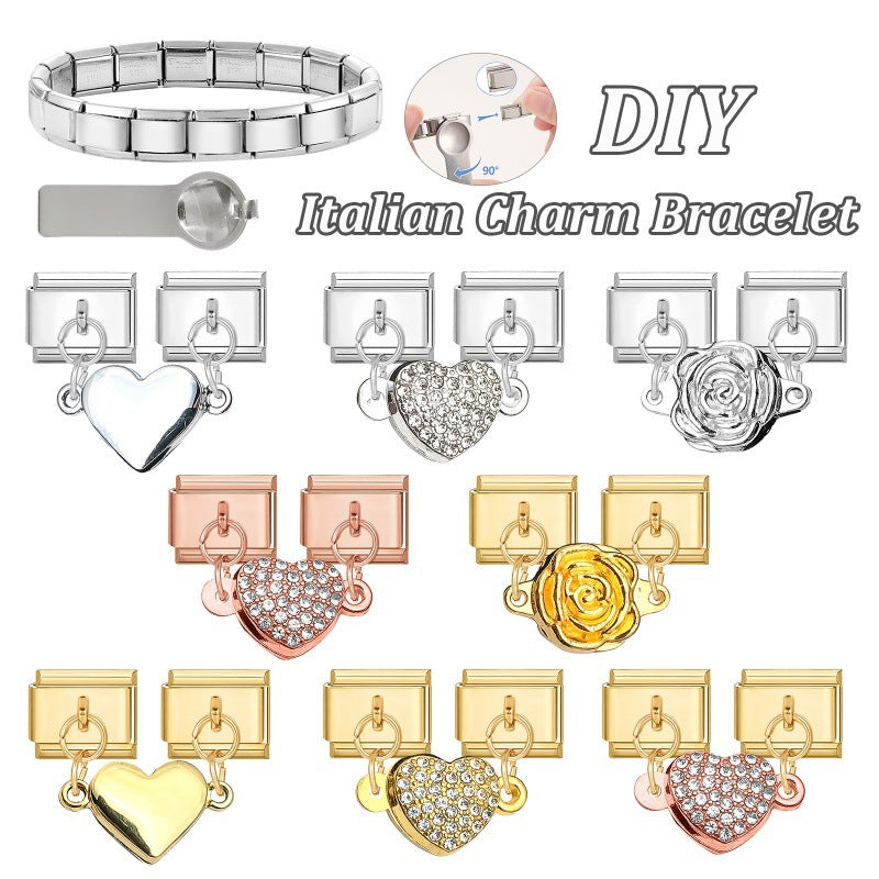 Wholesale Italian Charm Bracelet 9mm DIY Splicing Double Charm DIY Ring Stainless Steel Composable Bracelet