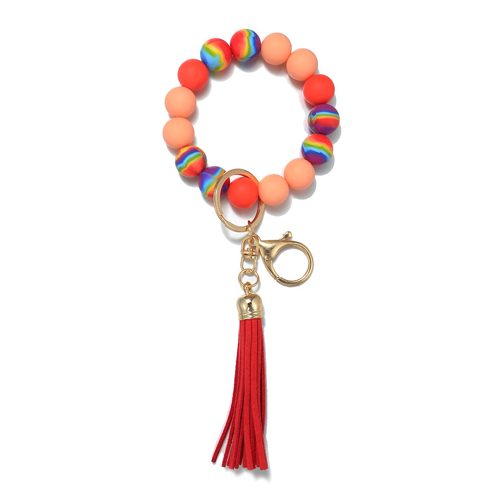 Wholesale Candy Color Silicone Beaded Tassel Wrist Keychain
