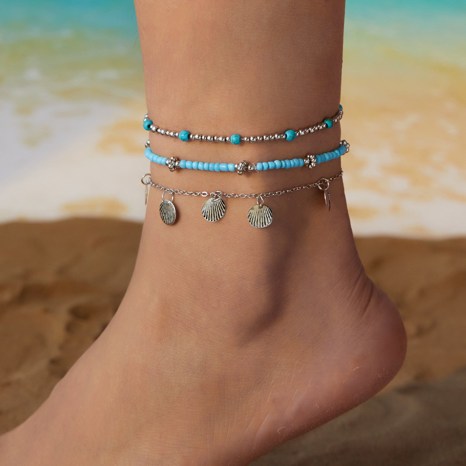 Wholesale  Starfish Round Shell 3-piece Set Foot Chain