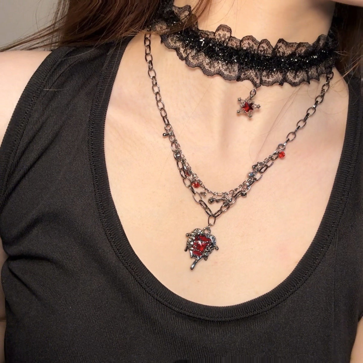 Wholesale Alloy Gothic Choker Necklace with Lace Heart Pendant,  Y2K Style Jewelry Accessory for Women