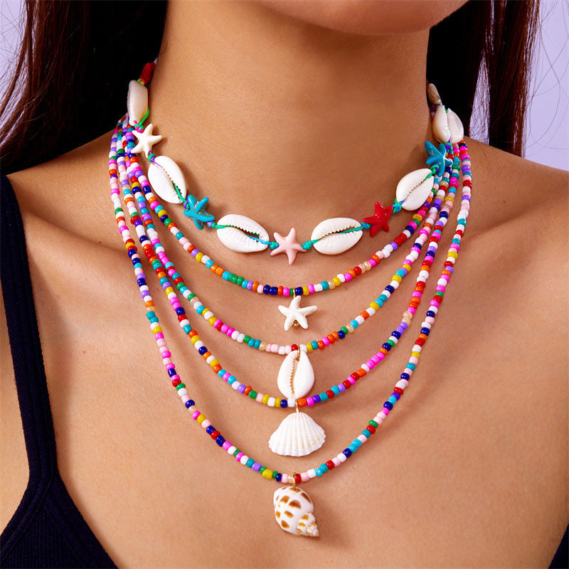 Wholesale  Multi-layer Necklace  All-match Summer Starfish Shell Conch Rice Bead Necklace 5-piece Set