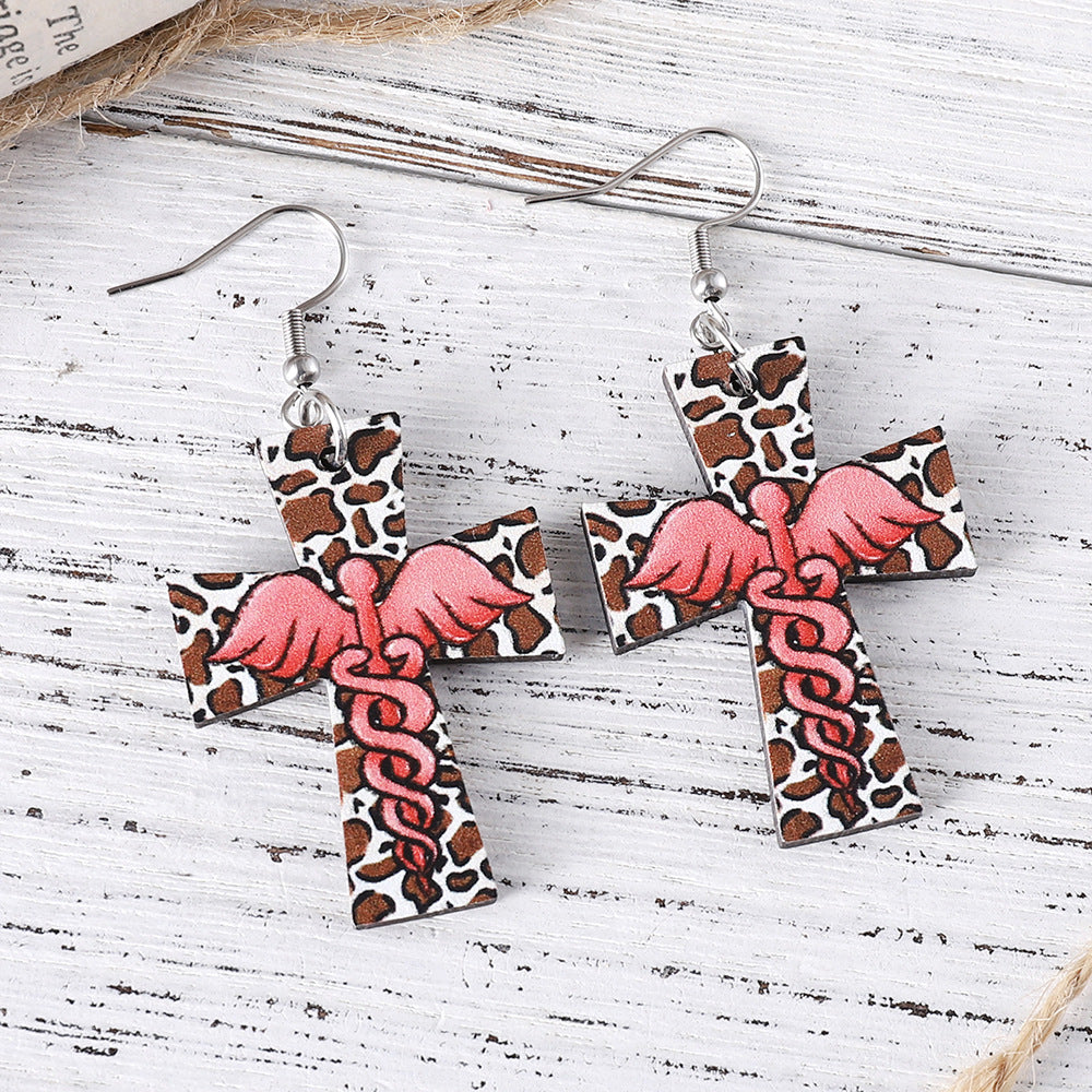 Wholesale Nurses'  Day Cross,  Leopard Print,  and Angel Pendant Earrings — Double-Sided Wooden Earrings
